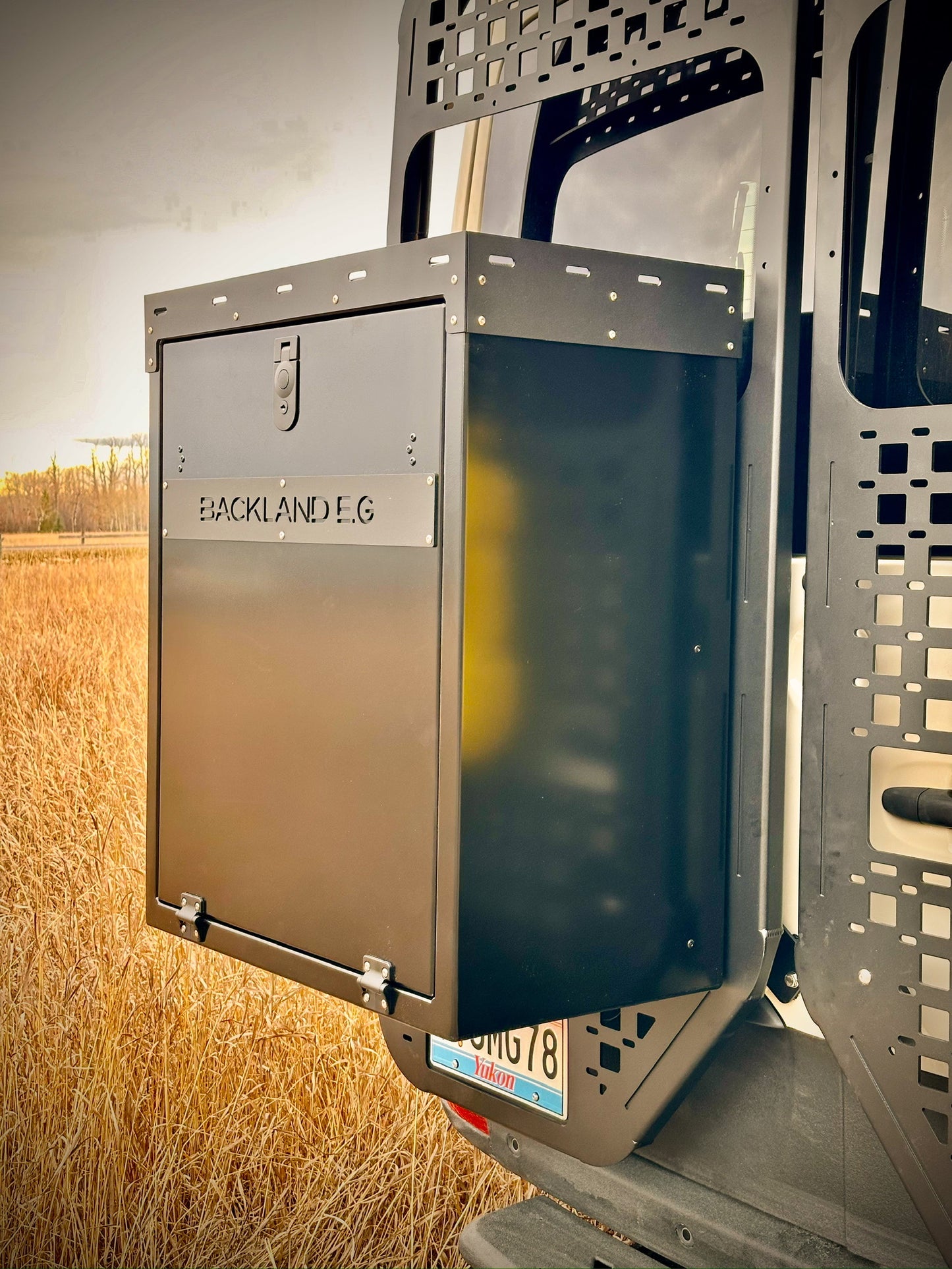 Close-up of the Ox Box, providing Sprinter van rear storage.