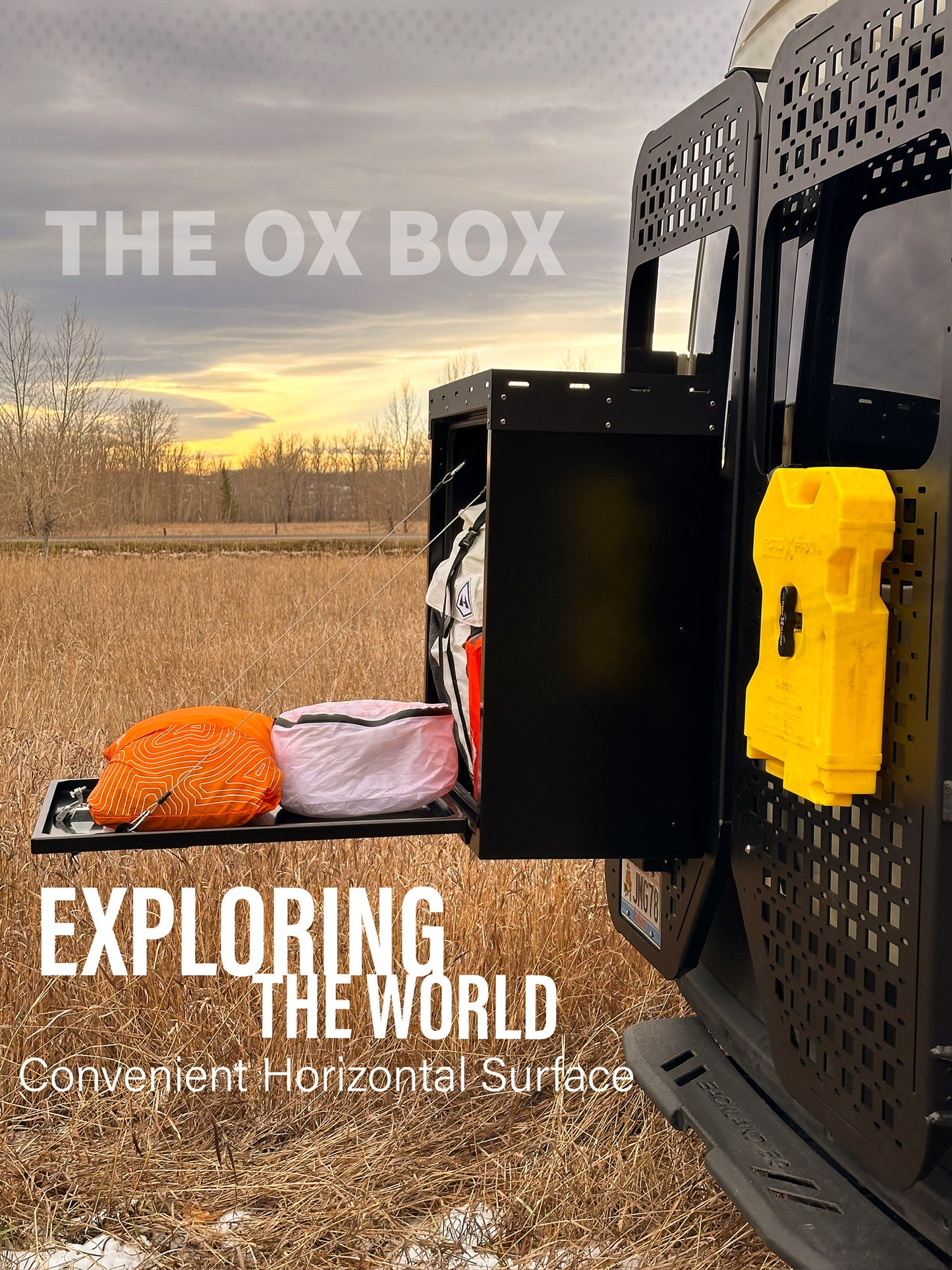Picture of the Ox Box providing Sprinter Van Storage and a flat surface.