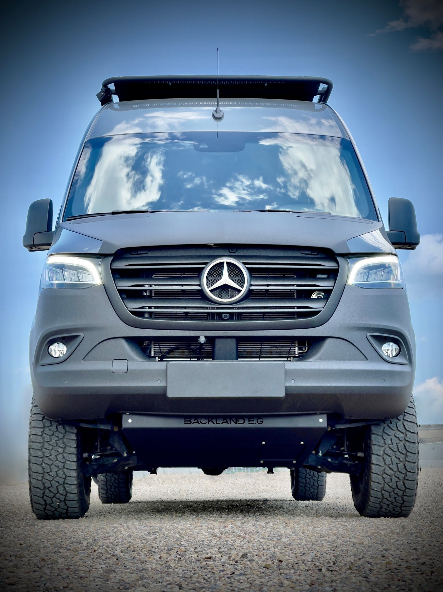 Front view of a Mercedes van with a sprinter skid plate.