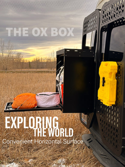 Picture of the Ox Box providing Sprinter Van Storage and a flat surface.