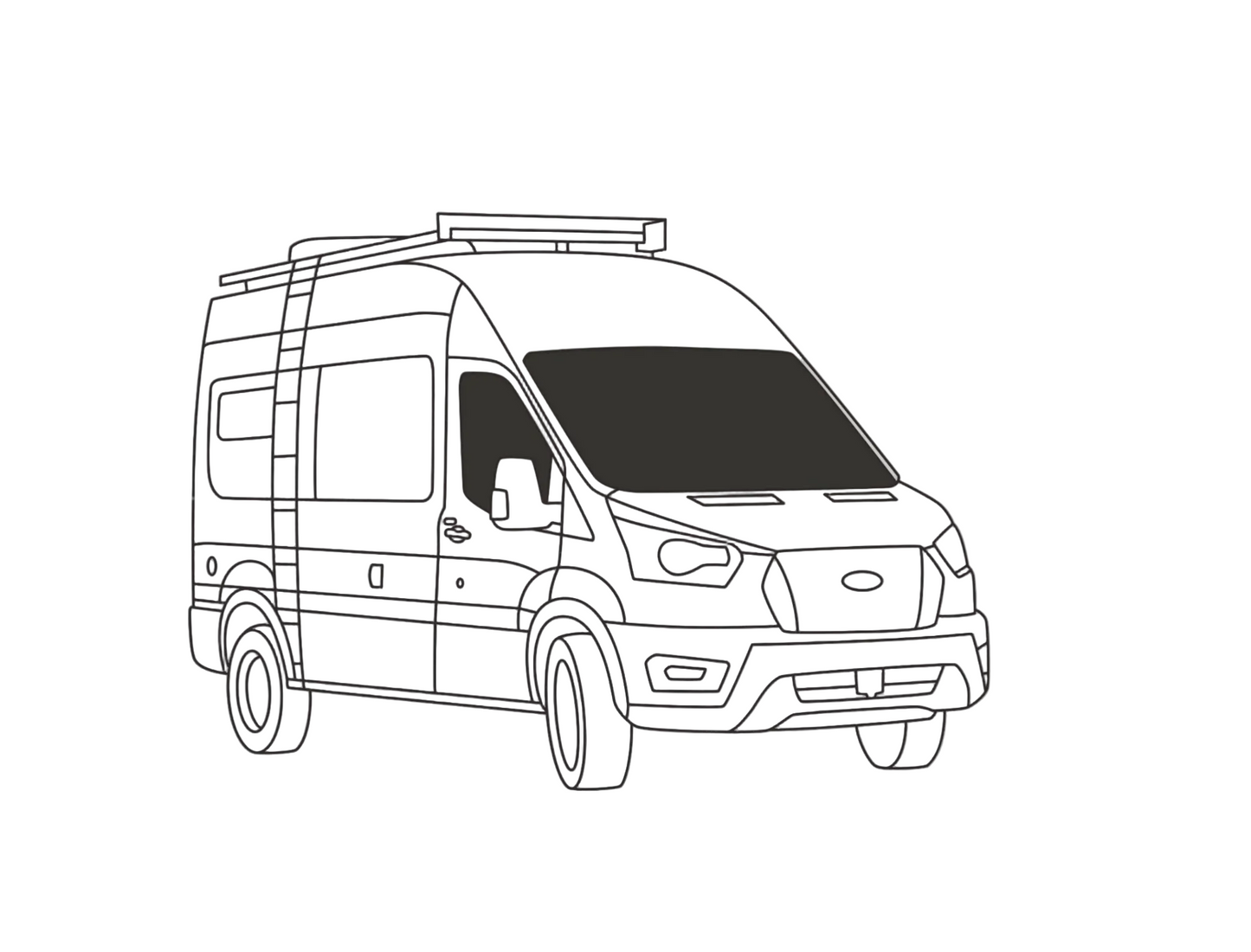 Overnight Van Supplies: Window covers Transit 2020+ front-cabin (passenger/driver and windshield) sunshade curtain kit (medium/high roof)