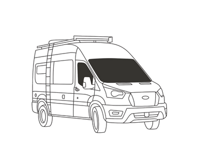Overnight Van Supplies: Window covers Transit 2020+ front-cabin (passenger/driver and windshield) sunshade curtain kit (medium/high roof)