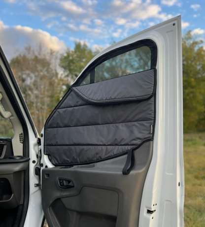 Overnight Van Supplies: Window covers Transit 2020+ front-cabin (passenger/driver and windshield) sunshade curtain kit (medium/high roof)