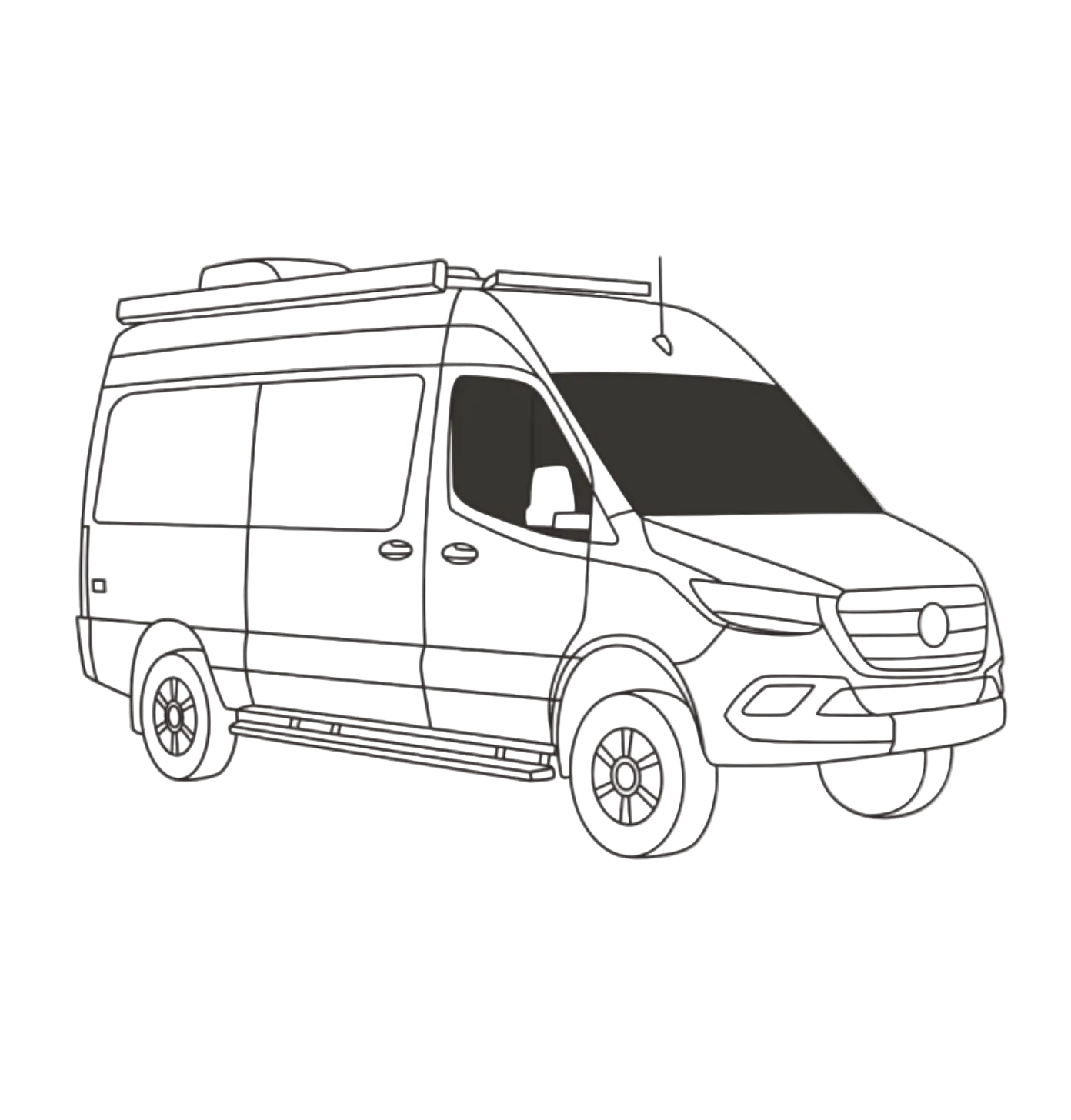 Overnight Van Supplies: Window covers Sprinter 2025+ front-cabin (passenger/driver and windshield) sunshade curtain kit (medium/high roof)