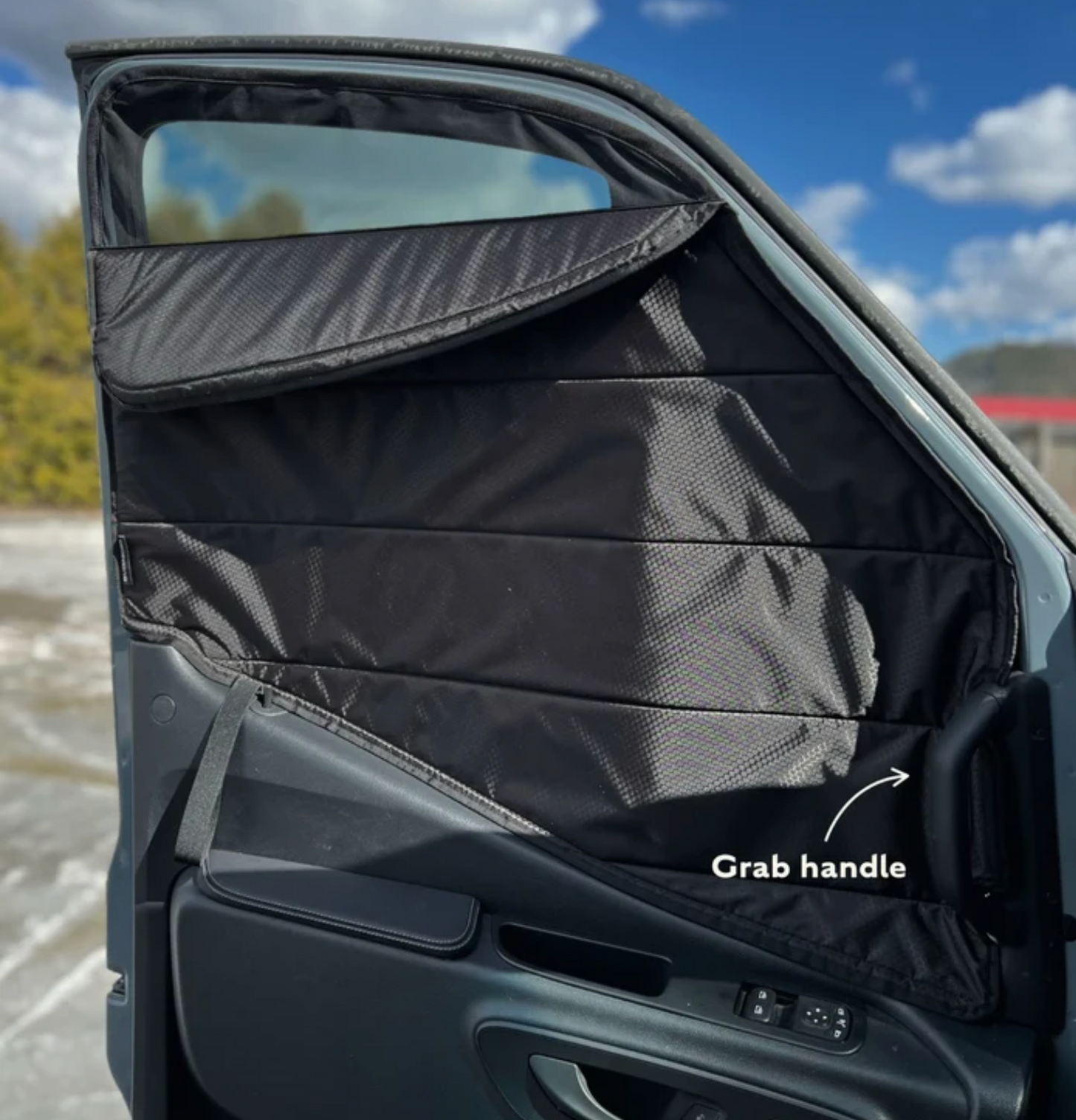 Overnight Van Supplies: Window covers Sprinter 2025+ front-cabin (passenger/driver and windshield) sunshade curtain kit (medium/high roof)
