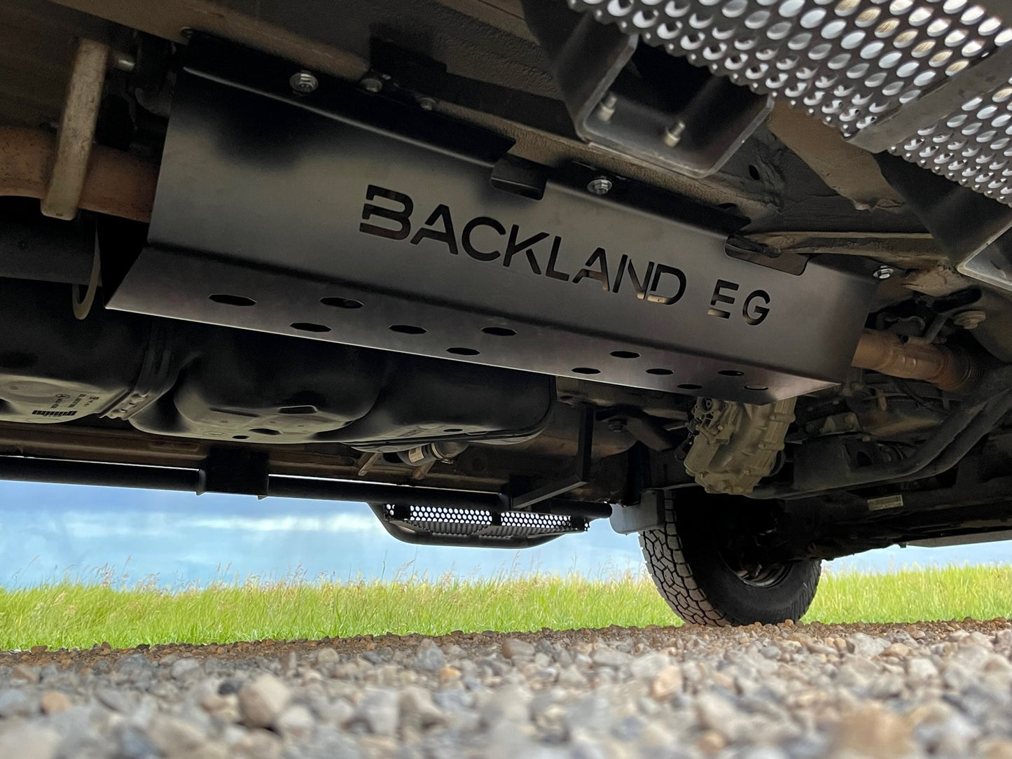 Close-up of the catalytic converter protection plate.